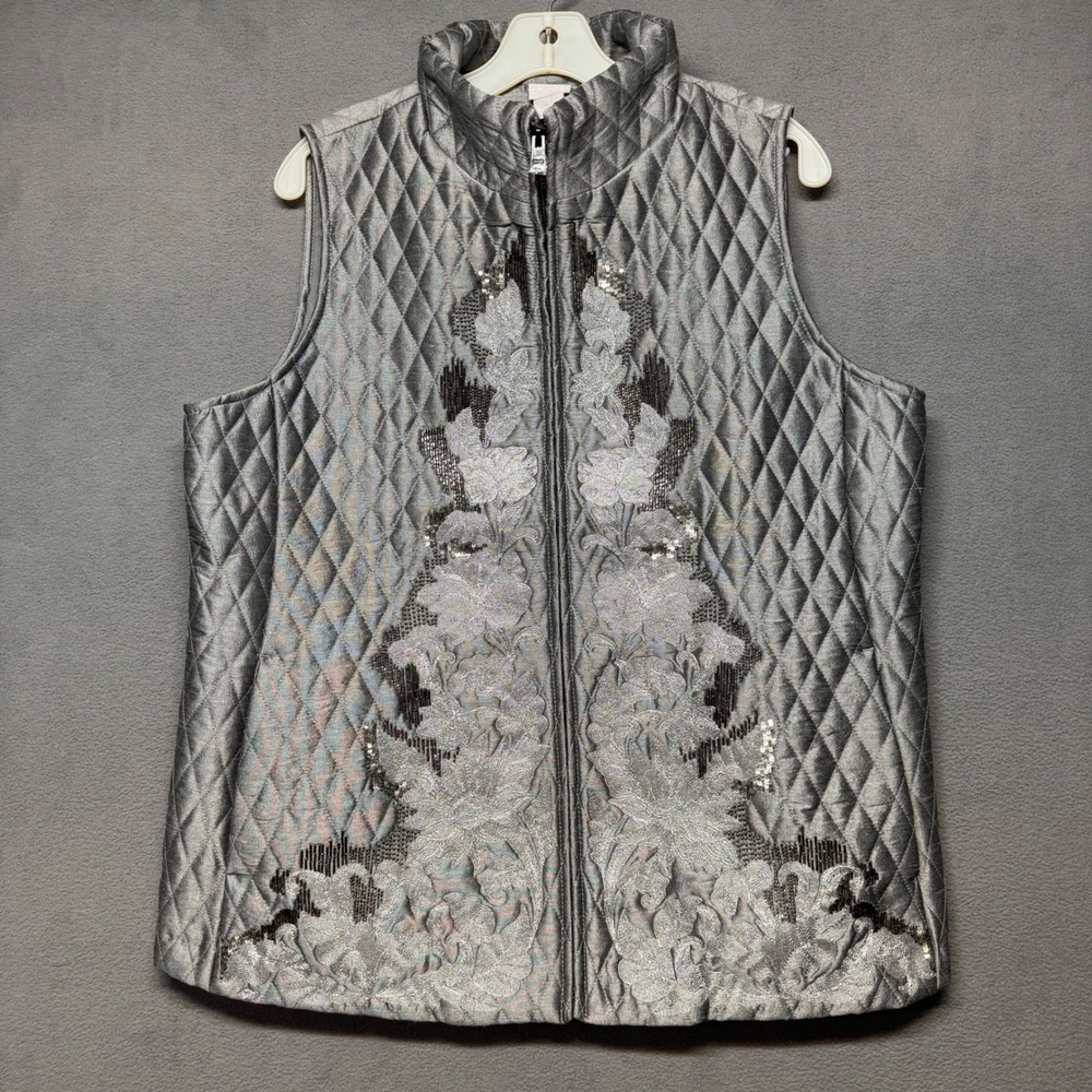 Chicos Quilted Vest Floral Embroidered Beaded Sequin Silver 2 12/14 Boho Festive